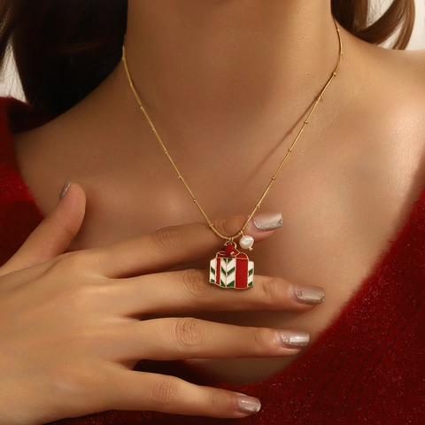Christmas Stainless Steel Necklace Women Enamel Santa Reindeer Snowflake Gingerbread Bell Pendant Festive Jewelry Gift