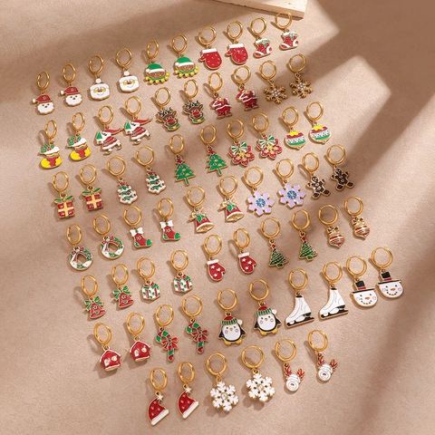 Christmas Stainless Steel Earrings For Women Gold Plated Enamel Santa Reindeer Snowflake Holiday Party Stud Hoop Earrings Jewelry