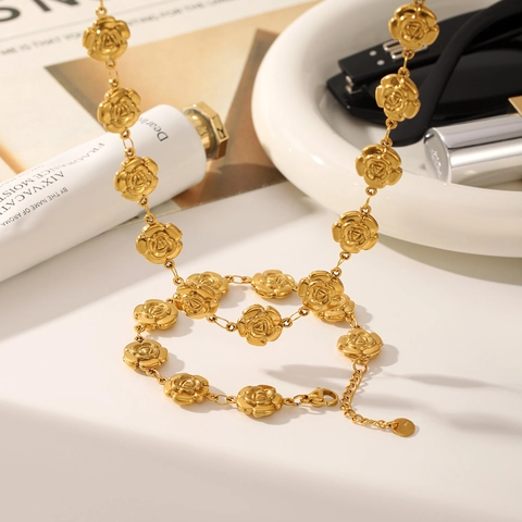 Vintage French Gold Stainless Steel Rose Flower Link Necklace Bracelet Set For Women Elegant Floral Jewelry Accessory
