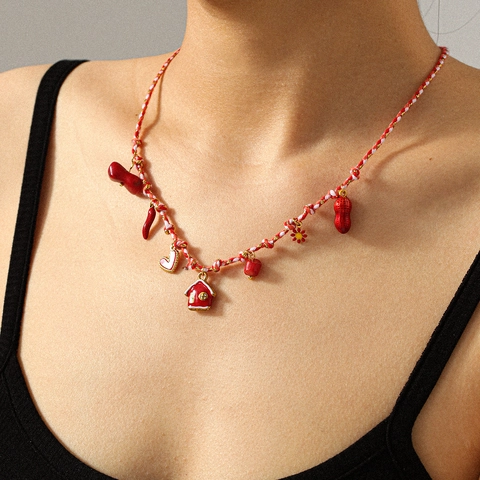 Vintage Woven Rope Pendant Necklace Stainless Steel Heart House Sea Turtle Starfish Multi Element Charms Enamel Jewelry For Women