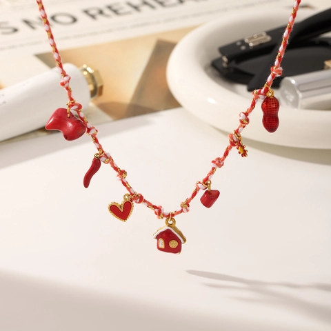 Vintage Woven Rope Pendant Necklace Stainless Steel Heart House Sea Turtle Starfish Multi Element Charms Enamel Jewelry For Women