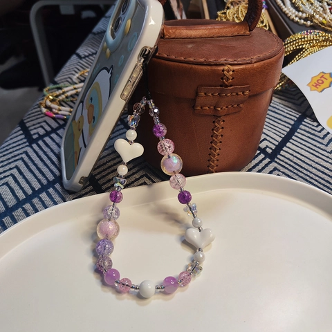 Handmade Purple Crystal Beaded Phone Strap With White Heart Butterfly Charms Aesthetic Sweet Anti-lost Lanyard For Women