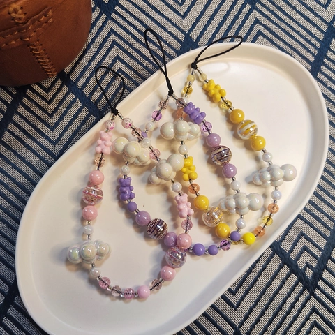 Handgefertigter Perlen Bär Wolke Handy Charm Lanyard Bunte Harzperlen Handy Kette Für Damen Mädchen Handgelenkband