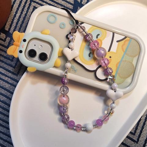 Handmade Purple Crystal Beaded Phone Strap With White Heart Butterfly Charms Aesthetic Sweet Anti-lost Lanyard For Women