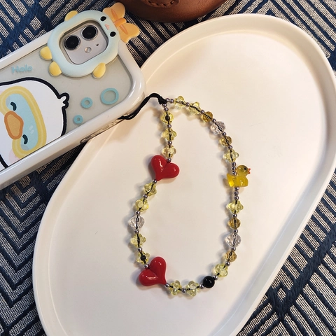 Handgemaakte Kralen Telefoonketting Schattige Gele Eend Rood Hart Hars Kristallen Kralen Telefoon Lanyard Voor Vrouwen Meisjes Telefoonhoesje Charm Strap