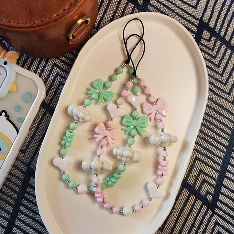 Bijou de Téléphone en Perles Fait Main Avec Perles en Résine Cœur Nœud Nuage pour Femmes Filles Accessoire Coque