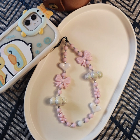 Bijou de Téléphone en Perles Fait Main Avec Perles en Résine Cœur Nœud Nuage pour Femmes Filles Accessoire Coque