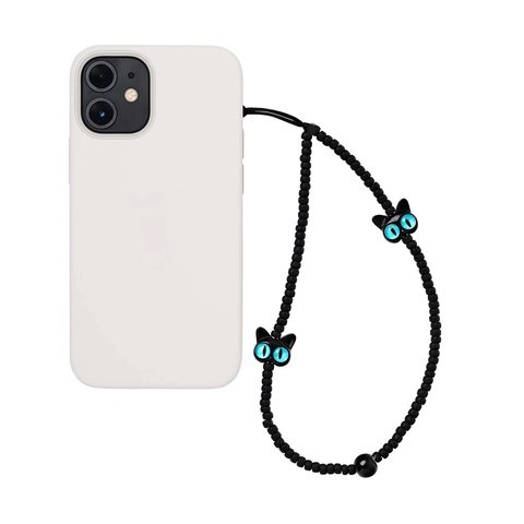 Handgefertigtes Handyband Aus Glasperlen Süßer Cartoon Schwarze Katze Legierungsanhänger Anti-Verlust Handgelenkschlaufe Damen