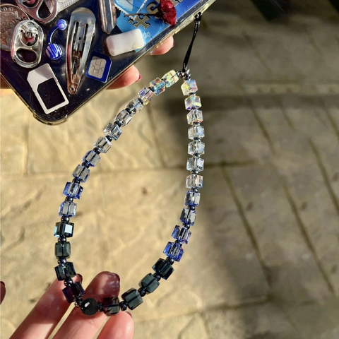 Handmade Glass Crystal Cube Beaded Phone Chain Gradient Anti-Lost Wrist Strap Lanyard For Women Tech Accessories Jewelry