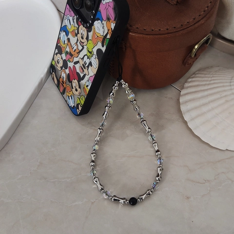 Trendy Beaded Phone Chain Women Iridescent Crystal Glass Beads Alloy Bone Charm Handmade Aesthetic Lanyard Wrist Strap