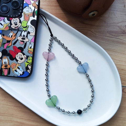 Lanière de Téléphone en Perles de Cuivre Plaqué Argent Cœur en Acrylique Coloré Chaîne de Mobile pour Femmes