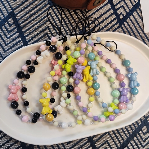 Handmade Ins Style Colorful Beaded Phone Chain Cute Acrylic Cartoon Bear Strap Anti-Lost Wristlet Jewelry Accessory For Women Girls