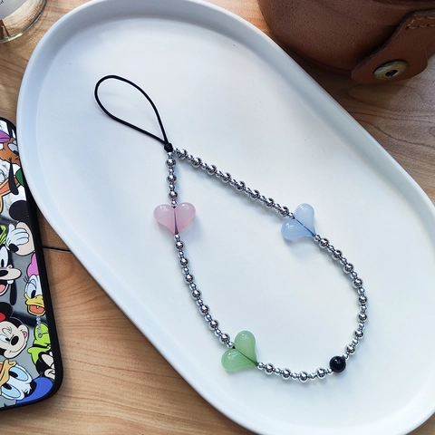 Lanière de Téléphone en Perles de Cuivre Plaqué Argent Cœur en Acrylique Coloré Chaîne de Mobile pour Femmes