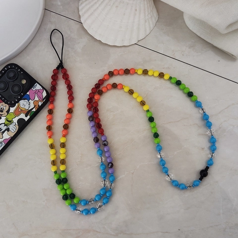 Handmade Rainbow Beaded Phone Chain Gradient Acrylic Glass Beads Phone Strap Lanyard For Women Fashion Tech Accessories