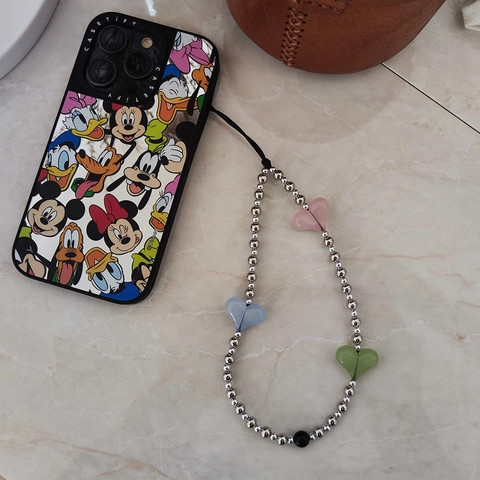 Handmade Beaded Phone Strap Colorful Heart Acrylic Beads Mobile Phone Chain Anti-Lost Silver Metallic Lanyard For Women Girls