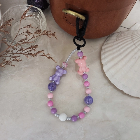 Handmade Beaded Keychain With Cute Acrylic Bear Pendant Pink Purple Glass Beads Zinc Alloy Bag Charm For Women Girls