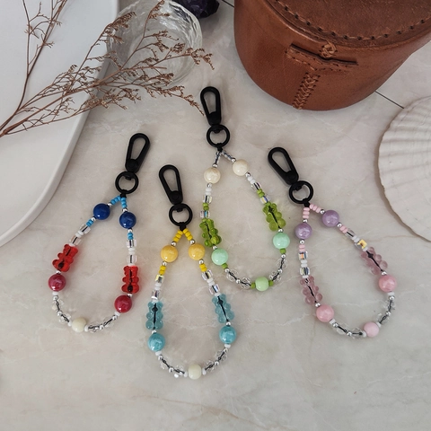 Cute Bear Beaded Keychain Colorful Glass Acrylic Beads Bag Charm Zinc Alloy Key Ring For Women Girls Gift Car Accessories