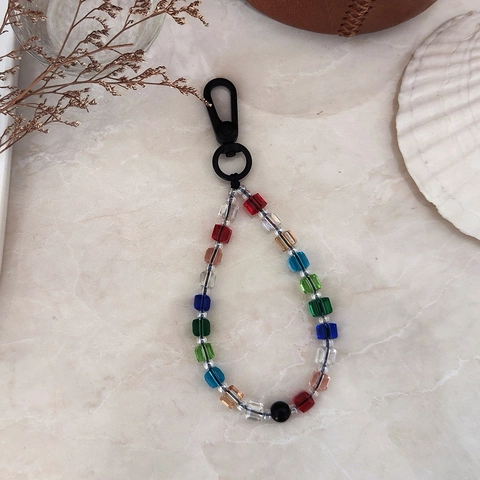 Colorful Square Crystal Glass Beaded Keychain For Women Ethnic Style Rainbow Beads Zinc Alloy Key Ring Bag Pendant Accessory