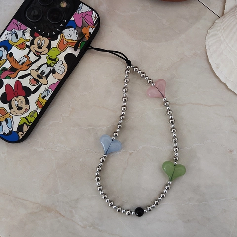 Handmade Beaded Phone Strap Colorful Heart Acrylic Beads Mobile Phone Chain Anti-Lost Silver Metallic Lanyard For Women Girls