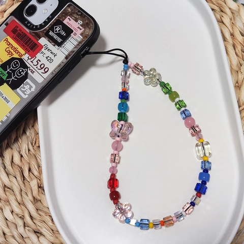 Handgefertigte Perlen Handy-Kette Bunt Schmetterling Blume Glas Harz Perlen Lanyard Für Damen Ins Stil Regenbogen Handy-Band