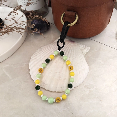 Ins Style Beaded Smiley Face Keychain With Lime Green Crystal Beads Acrylic Lemon Handcrafted Bag Charm Accessory For Women