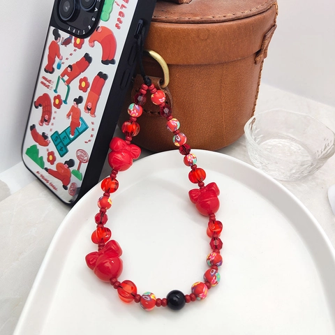 Cordino per Telefono Rosso Fatto a Mano Perline Vintage in Pasta Polimerica e Cristallo con Ciondolo a Fiocco e Campanello per Donna