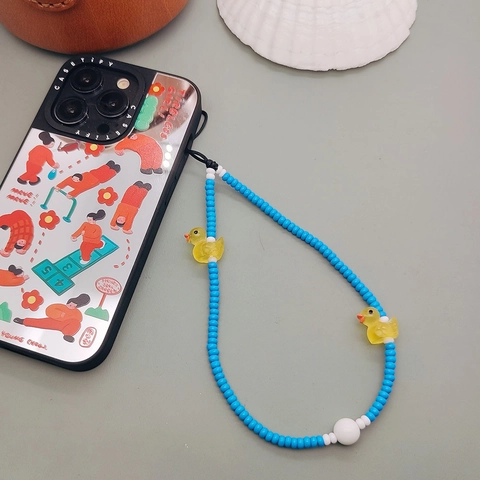 Simpatica Catena per Telefono in Perline di Vetro con Pendenti a Forma di Anatroccolo Giallo in Acrilico Cinturino da Polso