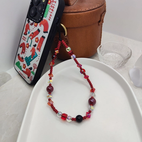 Handmade Crystal Acrylic Beaded Phone Chain Strap For Women Vintage Red Black Iridescent Bead Phone Lanyard Wrist Accessory