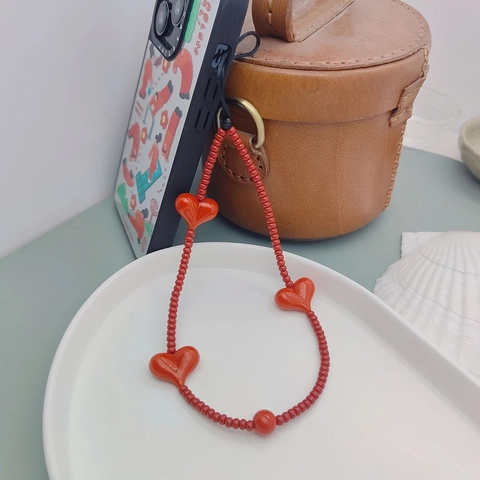 Handmade Red Heart Beaded Phone Strap Simple Glass Seed Bead Phone Chain Wristband Girly Cute Phone Lanyard Charm Gift For Women