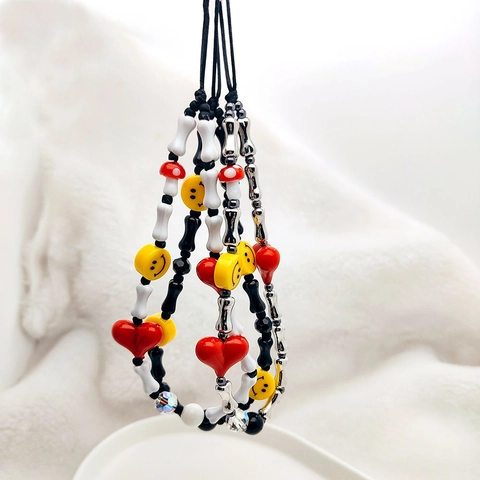 Handmade Beaded Phone Charm String With Heart Smiley Face Bone Mushroom Beads Trendy Bag Hanging Ornament For Women