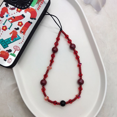 Handmade Crystal Acrylic Beaded Phone Chain Strap For Women Vintage Red Black Iridescent Bead Phone Lanyard Wrist Accessory