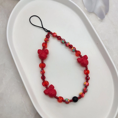 Cordino per Telefono Rosso Fatto a Mano Perline Vintage in Pasta Polimerica e Cristallo con Ciondolo a Fiocco e Campanello per Donna
