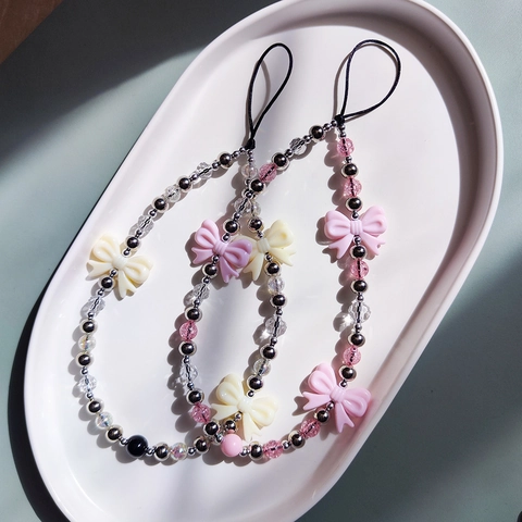 Handmade Beaded Bow Phone Lanyard Acrylic Bow Crystal Beads Copper Plated Steel Beads Phone Strap For Women Girls Daily Street Decor