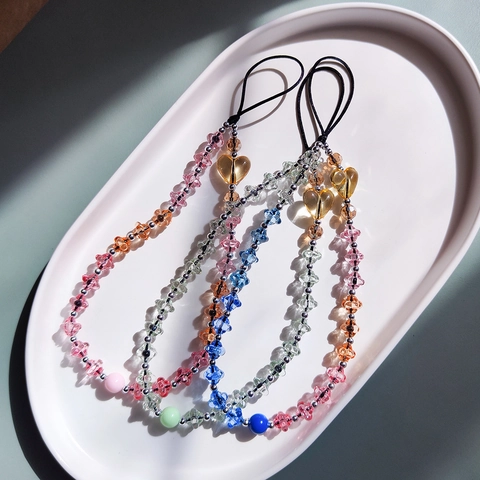 Gradient Rainbow Acrylic Heart Beaded Phone Charm Handmade Colorful Crystal Bead Mobile Phone Lanyard Strap For Women