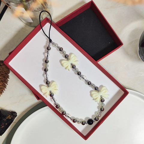 Handmade Beaded Bow Phone Lanyard Acrylic Bow Crystal Beads Copper Plated Steel Beads Phone Strap For Women Girls Daily Street Decor