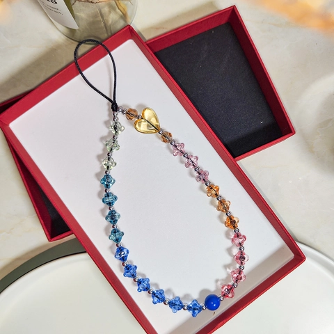 Gradient Rainbow Acrylic Heart Beaded Phone Charm Handmade Colorful Crystal Bead Mobile Phone Lanyard Strap For Women
