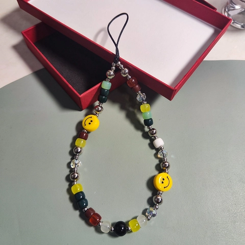 Retro Handmade Beaded Phone Charm Colorful Lampwork Crystal Beads Smile Face Design Phone Lanyard For Women Jewelry Accessory