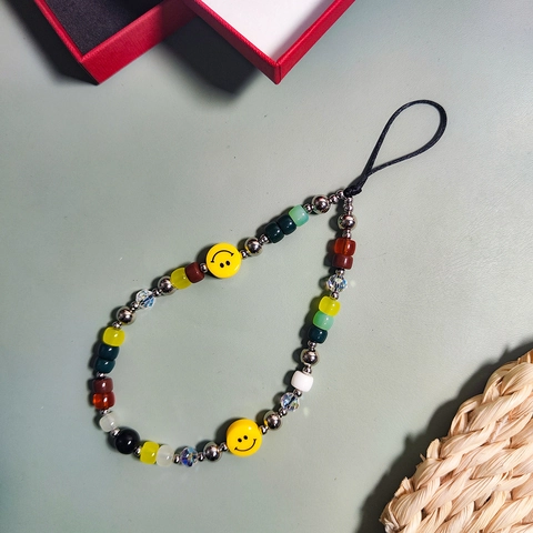 Retro Handmade Beaded Phone Charm Colorful Lampwork Crystal Beads Smile Face Design Phone Lanyard For Women Jewelry Accessory