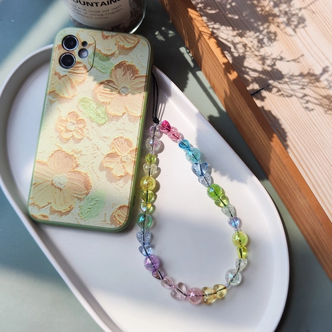 Colorful Beaded Phone Strap Acrylic Glass Heart Round Beads Anti-lost Wrist Lanyard For Women Girl Ins Style Phone Chain