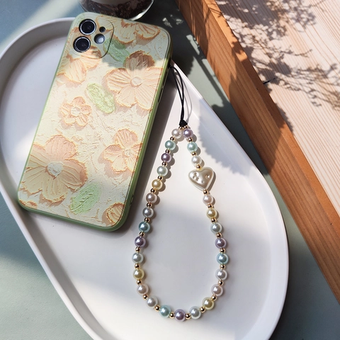 Handmade Colorful Beaded Phone Chain Faux Artificial Pearl Heart Charm Wrist Strap With 18K Gold Plated Copper Beads For Women Decor