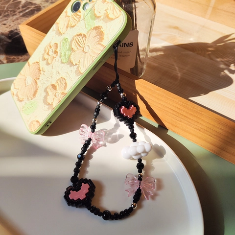 Handmade Acrylic Butterfly Crystal Beaded Phone Chain For Women Y2K Style Pixel Heart Cloud Phone Charm Wrist Strap