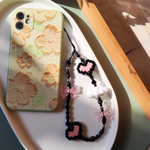 Handmade Acrylic Butterfly Crystal Beaded Phone Chain For Women Y2K Style Pixel Heart Cloud Phone Charm Wrist Strap