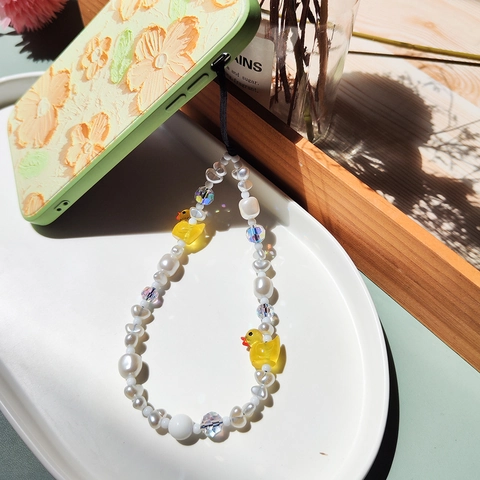 Lindo Cordón para Teléfono con Cuentas de Pato de Baño Perla Artificial de Imitación Cristal Correa de Teléfono para Mujeres Niñas Accesorio de Cadena
