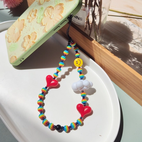 Handmade Colorful Beaded Phone Charm String Rainbow Heart Smiley Face Cloud Phone Strap Ins Style Accessory For Women