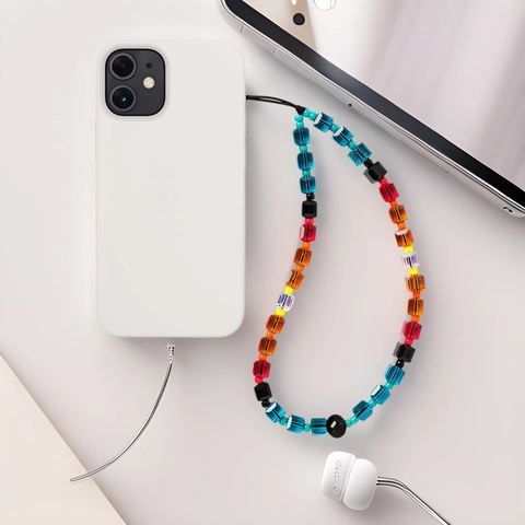 Handmade Crystal Glass Beaded Phone Chain Y2K Style Gradient Square Beads Anti-lost Wrist Strap Lanyard For Women