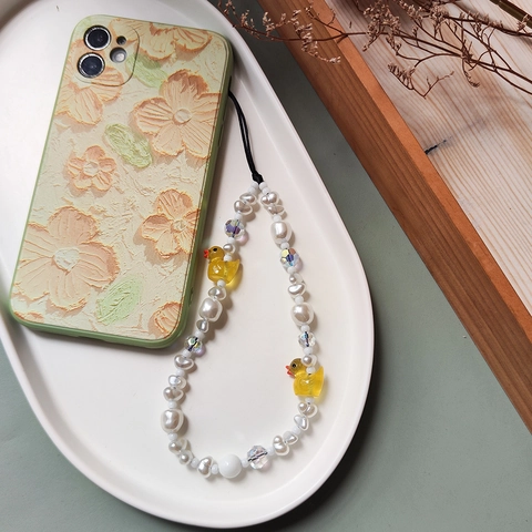 Lindo Cordón para Teléfono con Cuentas de Pato de Baño Perla Artificial de Imitación Cristal Correa de Teléfono para Mujeres Niñas Accesorio de Cadena