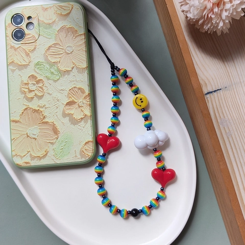Handmade Colorful Beaded Phone Charm String Rainbow Heart Smiley Face Cloud Phone Strap Ins Style Accessory For Women
