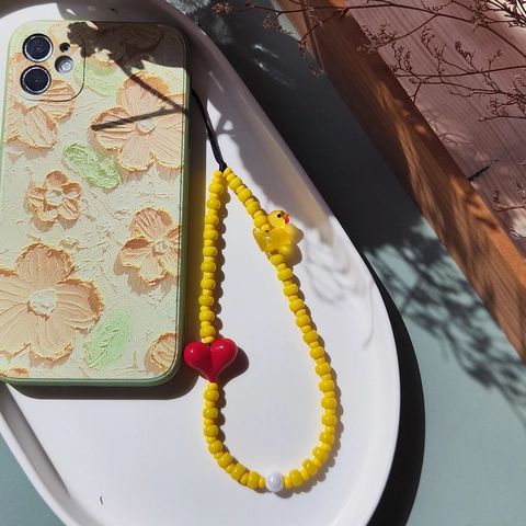 Handmade Glass Seed Beads Phone Strap Cute Duck Red Heart Charm Anti-loss Mobile Phone Chain For Women INS Style
