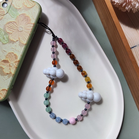 Colorful Gradient Acrylic Cloud Beaded Phone Lanyard Handmade Rainbow Cell Phone Chain Strap For Women Tech Accessory