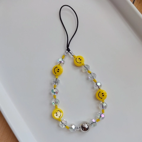 Handmade Beaded Phone Lanyard Yellow Smiley Face Glass Crystal Beads Copper Ball Strap Chain For Women Decoration